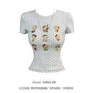 显瘦百搭波点圆领正肩上衣 T恤女夏季 大码 甜辣妹冲浪kitty印花短袖