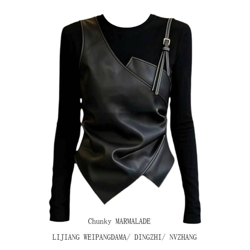 大码黑色PU皮拼接假两件长袖T恤女2026新款设计感修身显瘦上衣ins,女装/女士精品,大码内搭,淘宝优惠券,粉丝福利购,淘宝优惠卷