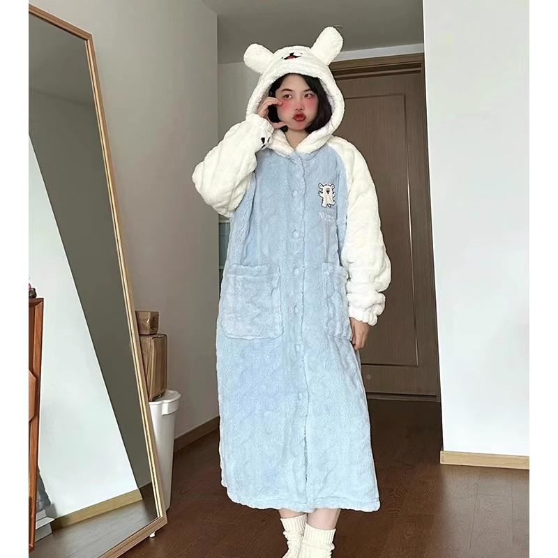 卡通线美条小狗冬珊瑚绒睡衣女ANT秋季可爱甜加绒加厚睡袍裤长家