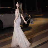 法式 主持人宴会晚礼服裙银色高端轻奢小众气质亮片吊带鱼尾连衣裙