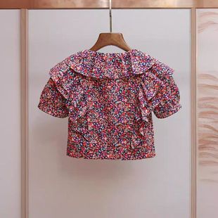 衣莉衬衫 碎花V短款 上衣减龄荷叶边韩系夏季 短袖 领甜美女 新款