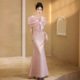 2026新款 鱼尾显瘦礼服女主持人礼服裙 晚礼服粉色一字肩蝴蝶结修身
