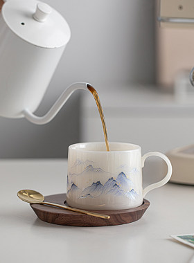 冰种玉瓷山水小猫咖啡杯