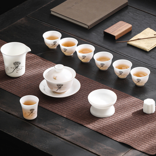 冰种玉瓷茶具德化白瓷高冰高档茶具墨莲手绘描金功夫茶器盖碗套装