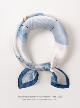 蓝色山水画丝巾真丝高级感100%桑蚕丝小方巾清新淡雅配饰送妈妈