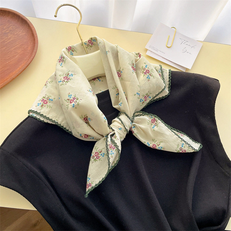 2024春秋棉质小清新复古小方巾文艺领巾碎花INS发带丝巾装饰头巾