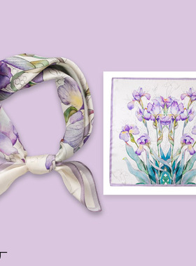 情人节礼物感送对象杭州桑蚕丝小方巾紫色水仙花丝巾系脖方巾