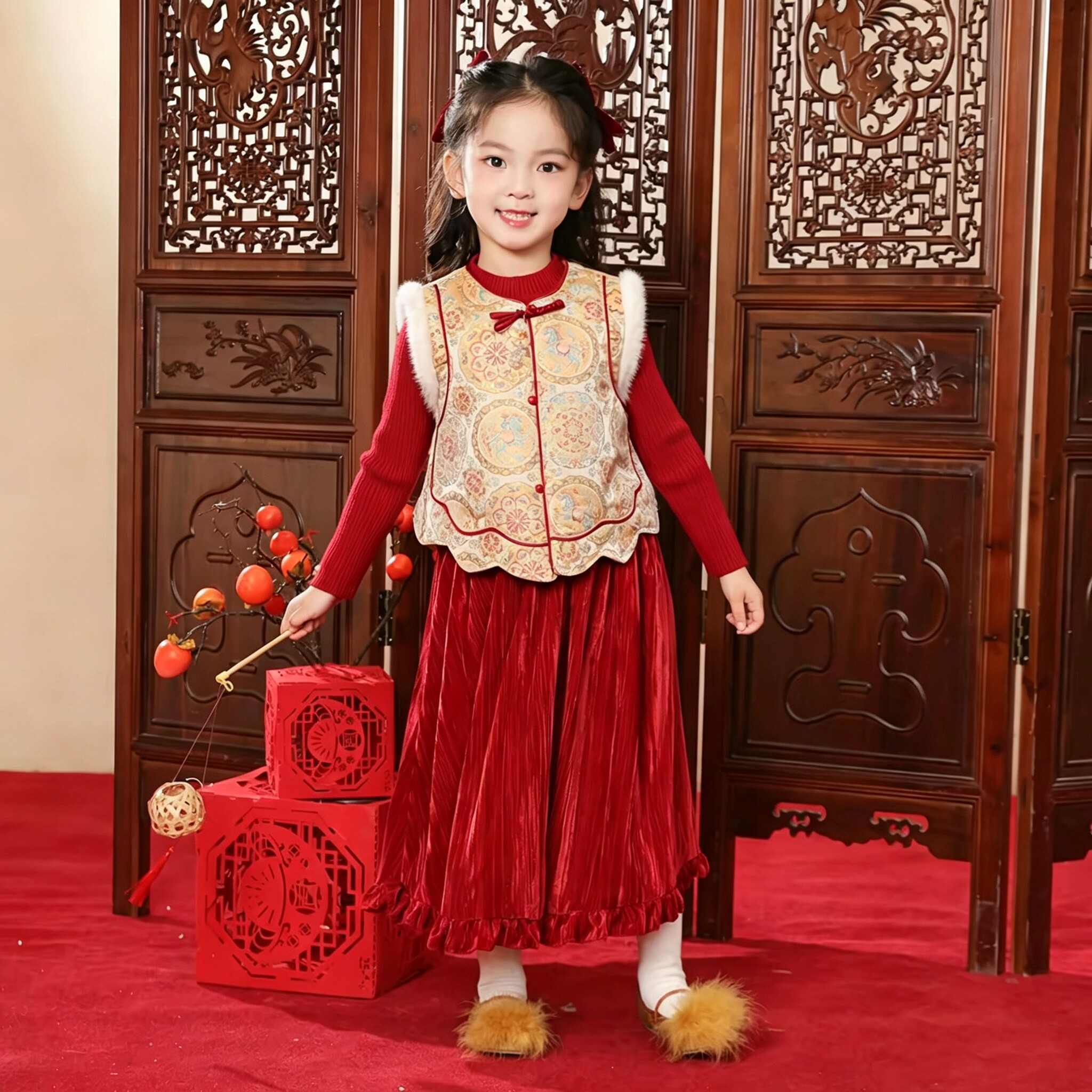 汉服女童秋冬加绒套装儿童充棉唐装中国风红色国风拜年服喜庆演出