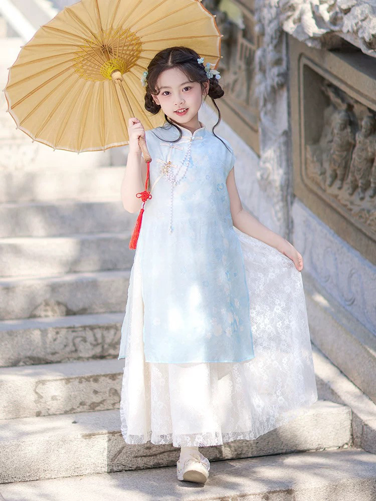 女童汉服夏款短袖旗袍套装新中式蓝色粉色分体中大童小女孩日常装