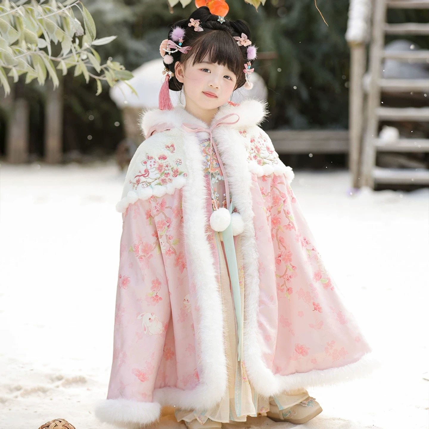 冬款汉服女童披风加绒加厚儿童斗篷中国风新中式古风拜年服过年装