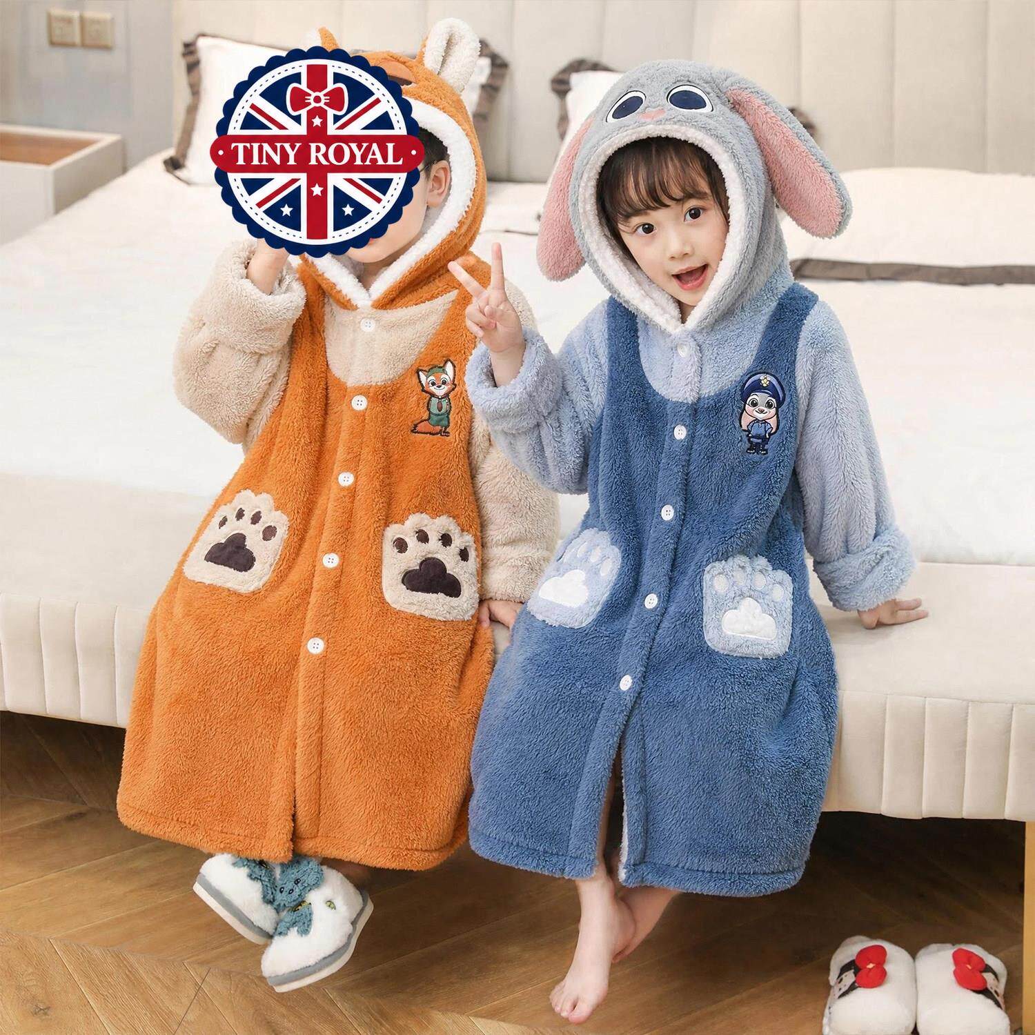 英国TINY ROYAL尼克朱迪儿童睡衣秋冬季浴袍珊瑚绒加长加厚法兰绒