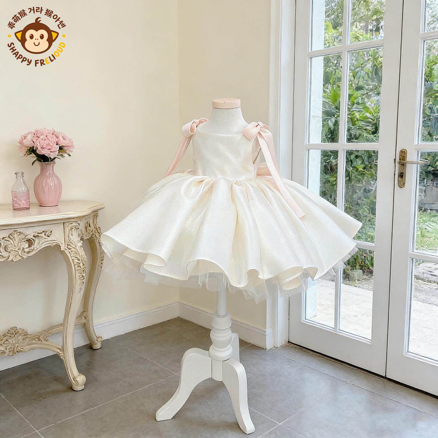 韩国G MENGHOU一周岁女童韩版生日高端香槟色小礼服儿童缎面花童