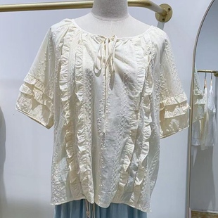 【MissLin】法式甜美风圆领木耳边短款上衣衬衫女夏