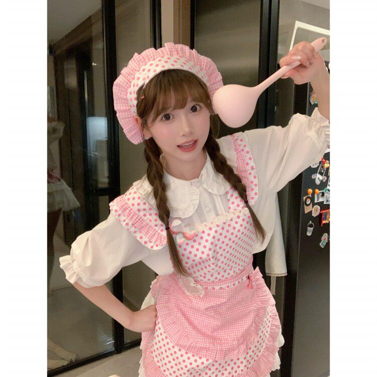 甜美粉嫩小厨娘围裙COS服万圣节发饰发箍洛丽塔女仆抖音同款套装
