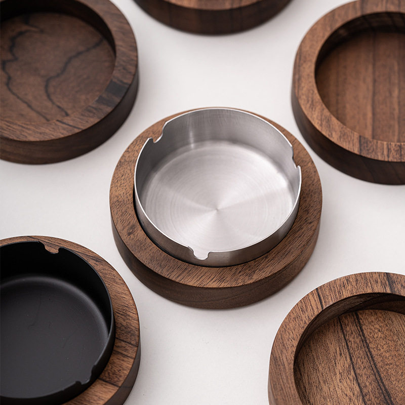 轻奢端烟缸胡桃木实木烟灰缸家用客厅带盖防飞灰创意办公室木质