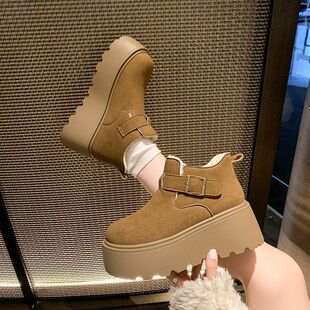 松糕厚底增高勃肯鞋女2025冬季加绒乐福鞋毛毛高帮棉鞋34码雪地靴