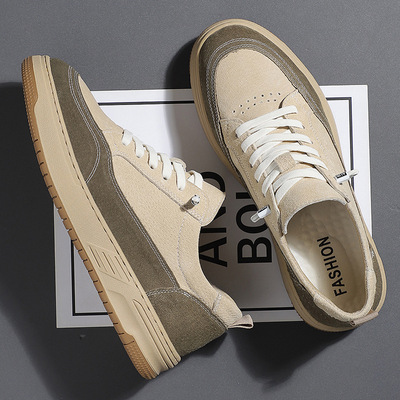 男鞋2025春季新款反绒猪皮板鞋子潮日常真皮运动鞋休闲系带板鞋