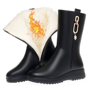 女鞋秋冬款真皮中筒靴妈妈棉鞋女士长筒靴修饰腿型大码皮靴子加绒