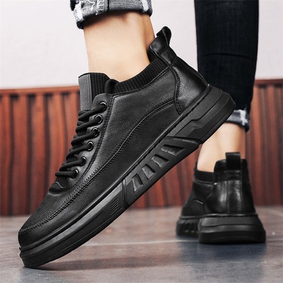 新款加绒高帮真皮男鞋冬季舒适休闲鞋潮流运动百搭毛线口男士棉鞋