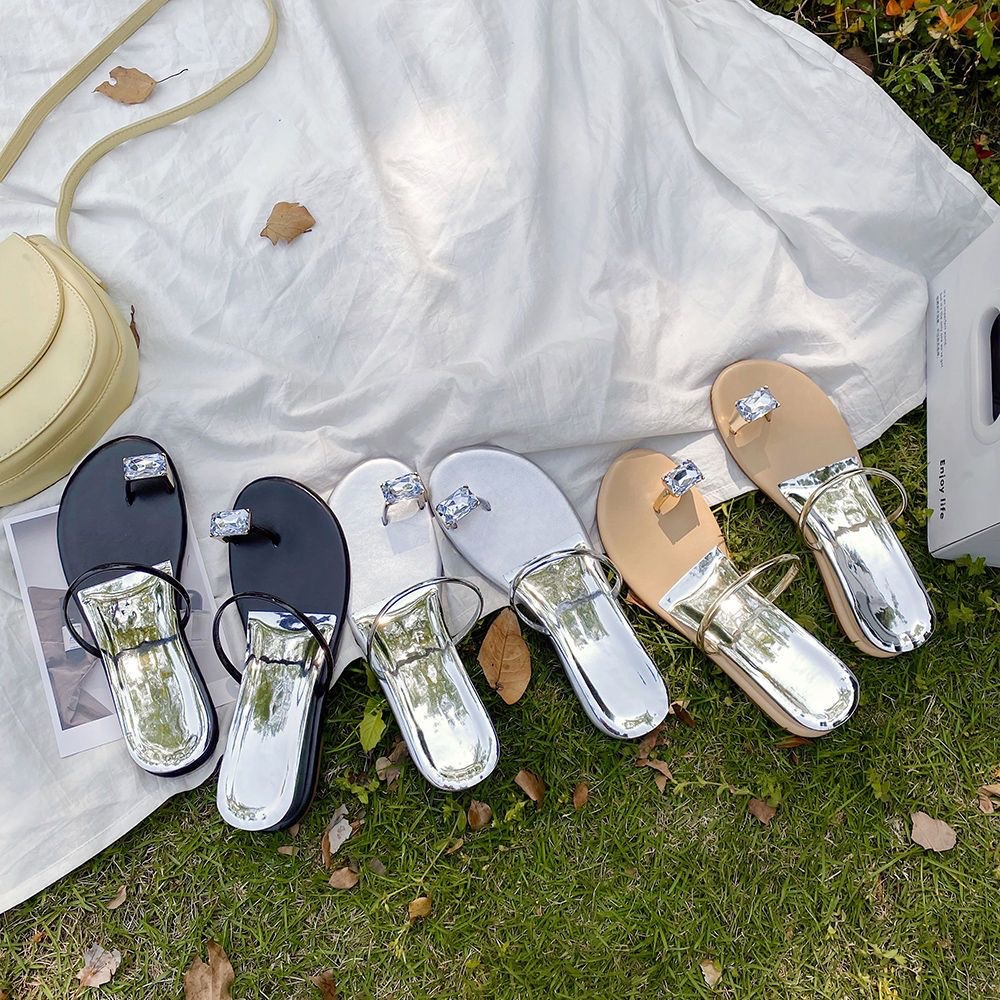 晚风气质水钻一字带拖鞋鸽子蛋凉鞋仙女鞋夏季外穿海边绝美凉拖鞋