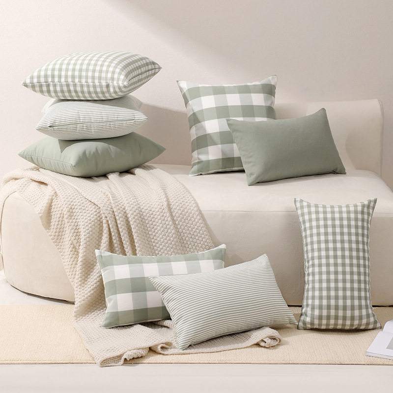 旭爱涤棉帆布休闲格子条纹豆绿系列抱枕套客厅沙发拼接简约靠枕套