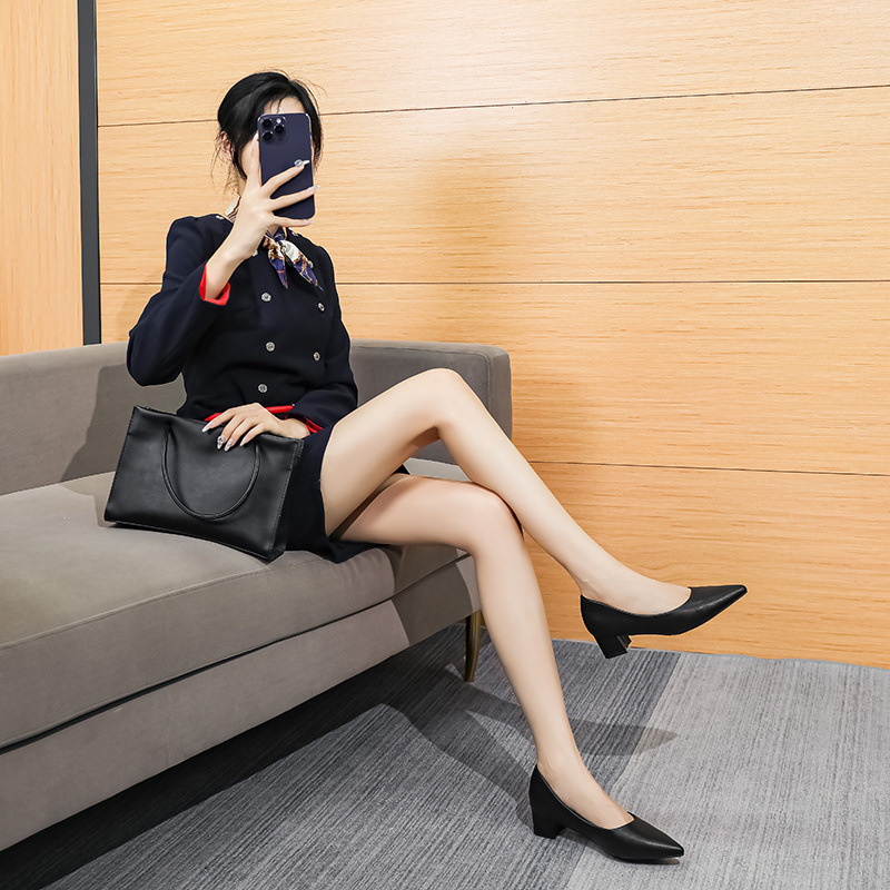 工作鞋女2024空姐粗跟细跟软底正装上班皮鞋低跟职业猫跟高跟