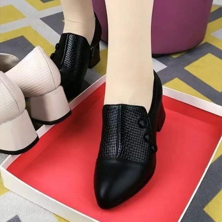 2025新款春秋季深口单鞋女粗跟软皮中跟真皮鞋秋款女鞋尖头高跟鞋