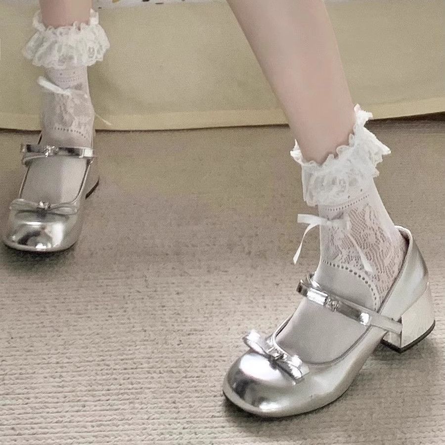 小香风银色蝴蝶结法式粗跟玛丽珍鞋女2024夏季浅口配裙子圆头单鞋