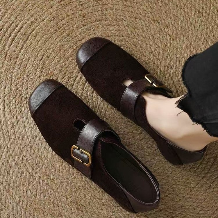 品牌特价法式磨砂真皮低跟皮鞋女2025款深口单鞋皮带扣通勤乐福鞋