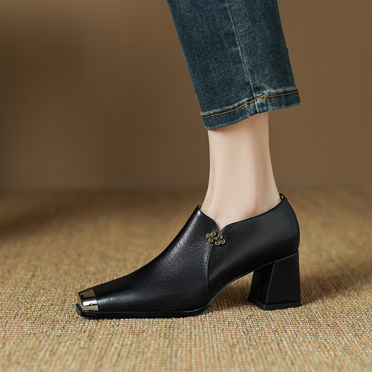 7cm高跟鞋2025年新款春秋百搭复古深口单鞋金属铁头小皮鞋侧拉链