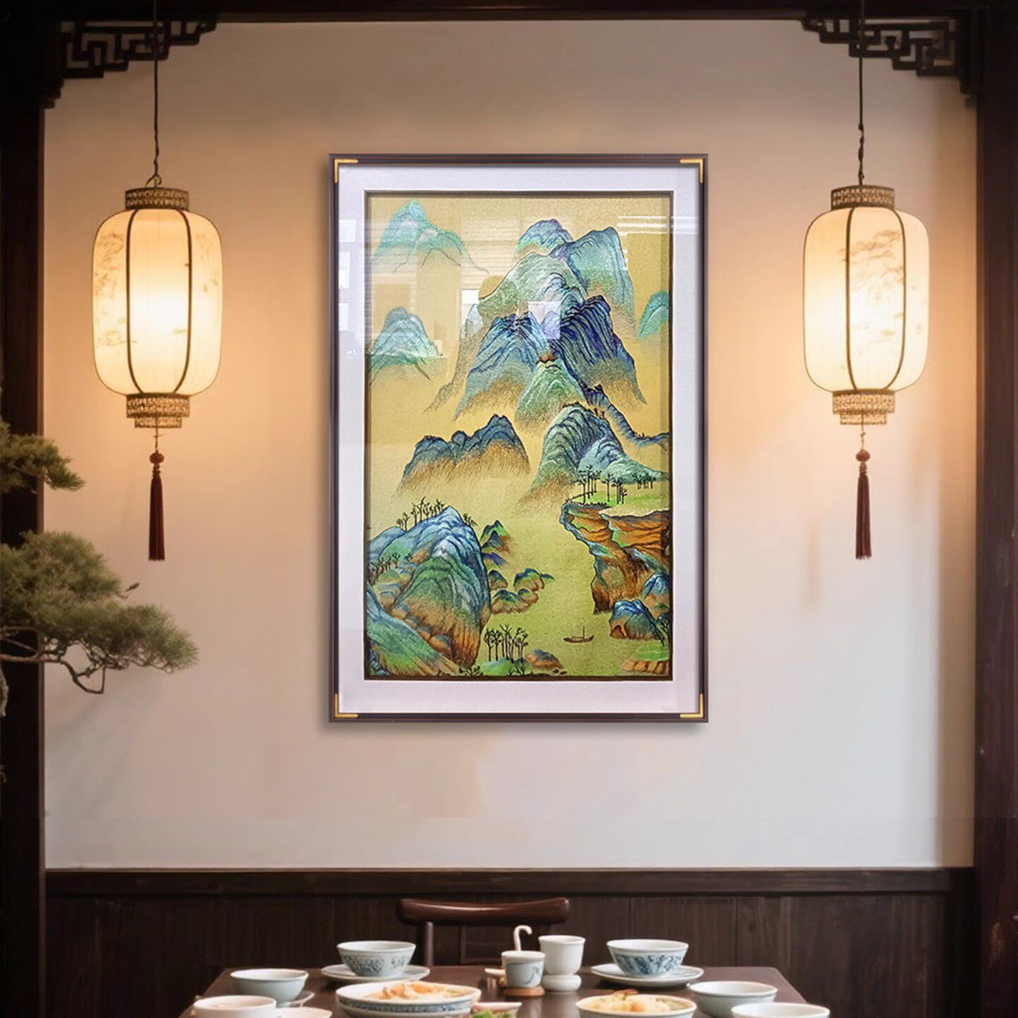 新中式千里江山刺绣画有框装饰画客厅餐厅挂画国风山水画