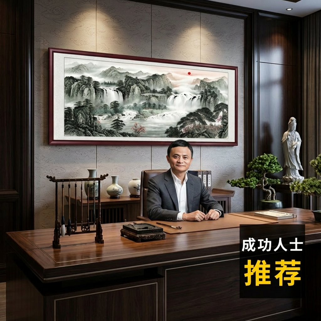 山水画客厅挂画聚宝盆国画办公室装饰画新中式沙发背景墙壁画靠山