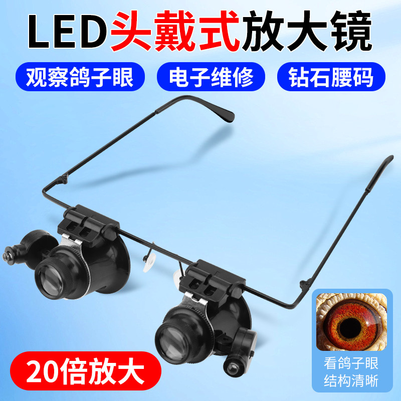 头戴式放大镜20X倍眼镜钟表维修用带灯鸽子眼古玩鉴定10倍眼罩式