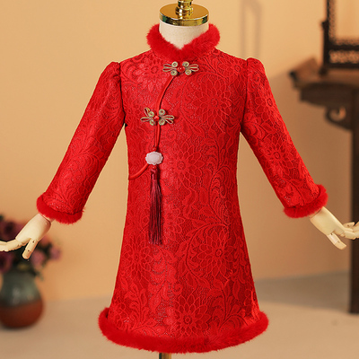 女童红色旗袍加厚国风生日礼服