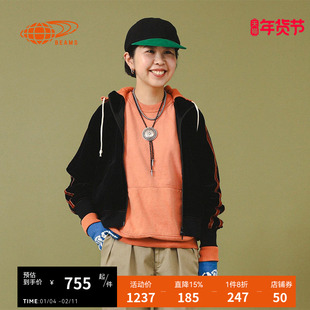 BEAMS BOY女装丝绒拉链夹克2025冬季新款复古运动风拼色边饰外套