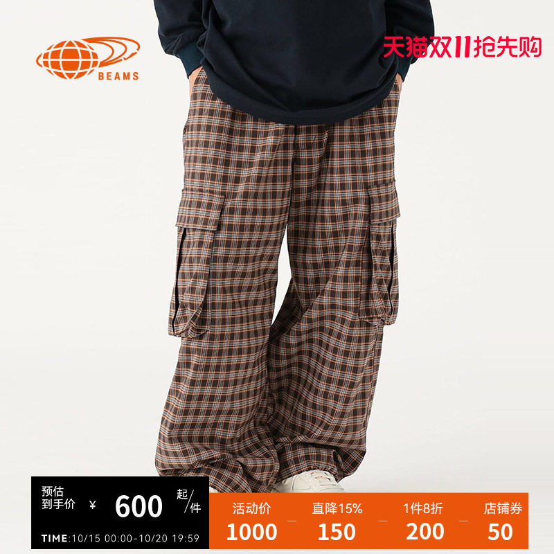 BEAMS男装格纹工装长裤秋季潮流复古格子阔腿裤240325XP