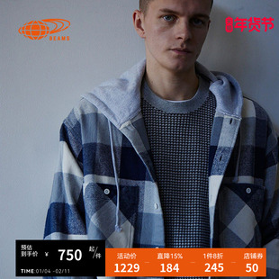 BEAMS男装连帽格纹衬衫2024冬季新款活力少年格子外搭110261XN