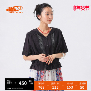 BEAMS BOY女装大翻领短袖衬衫2025冬季新款蕾丝镂空拼接短上衣