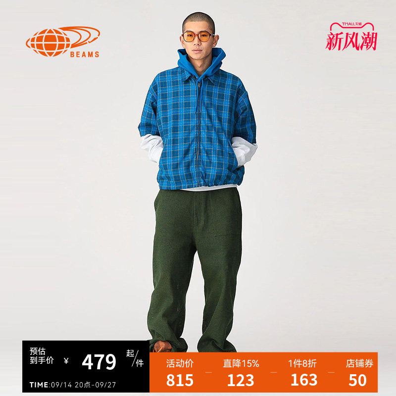 BEAMS男装短袖格纹拉链夹克2026夏季新款复古型男衬衫式格子外套