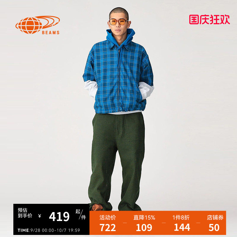 BEAMS男装短袖格纹拉链夹克2026夏季新款复古型男衬衫式格子外套
