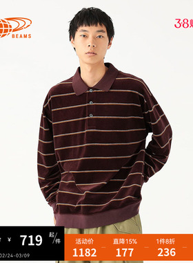 BEAMS男装丝绒条纹polo衫2025冬季新款复古日潮长袖上衣120212XP