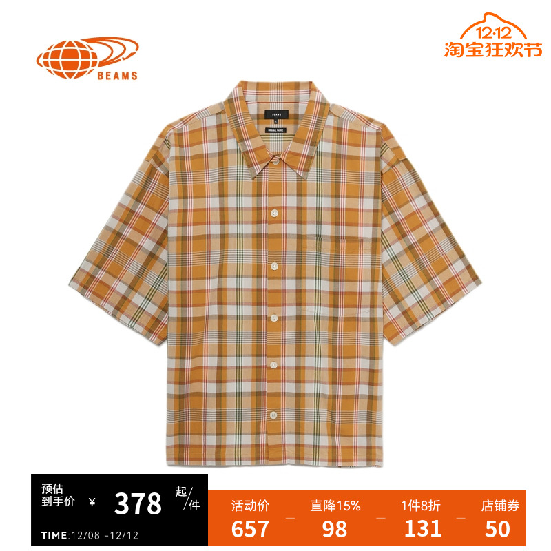 BEAMS格纹短袖衬衫复古日系