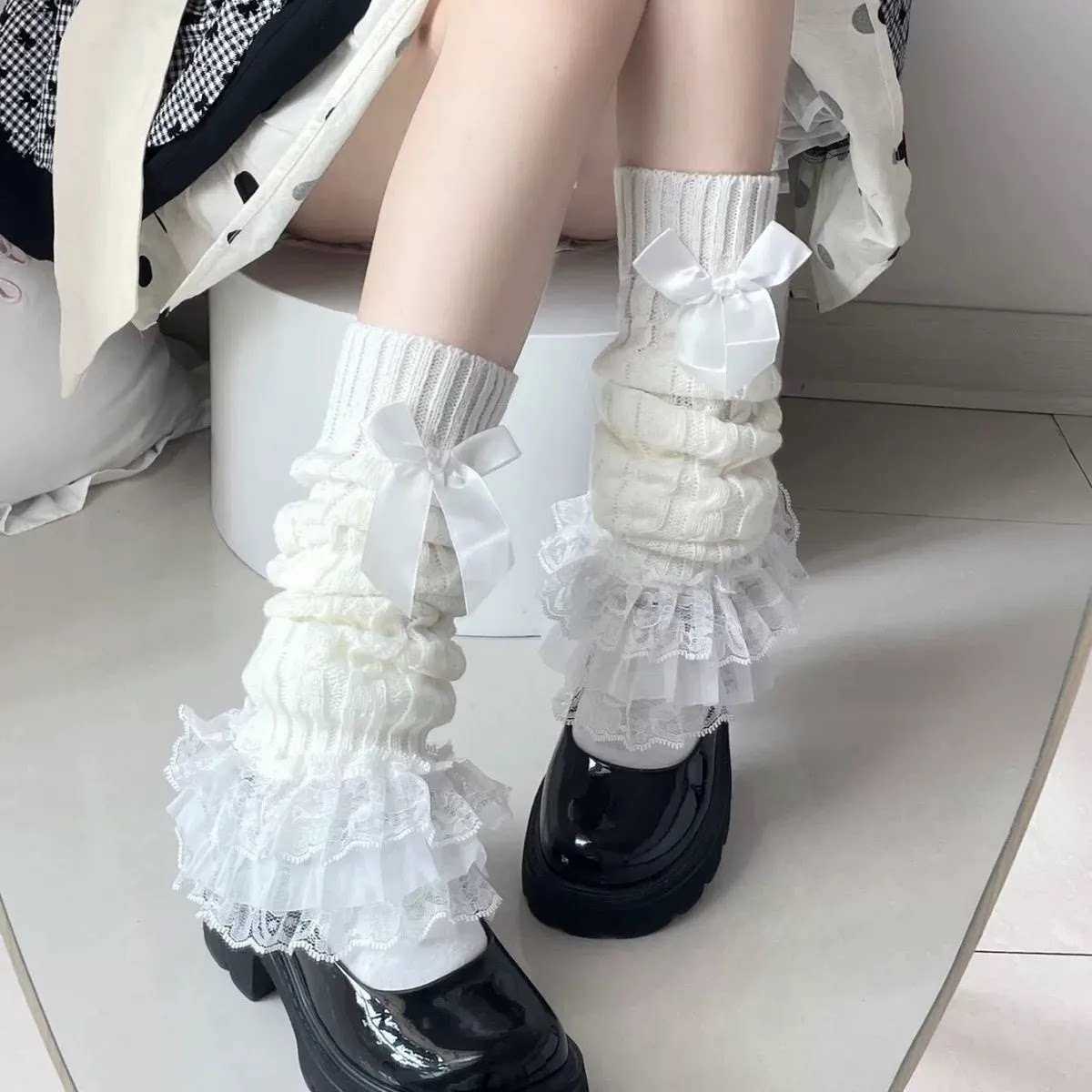 可爱白色针织泡泡袜套蕾丝花边JK