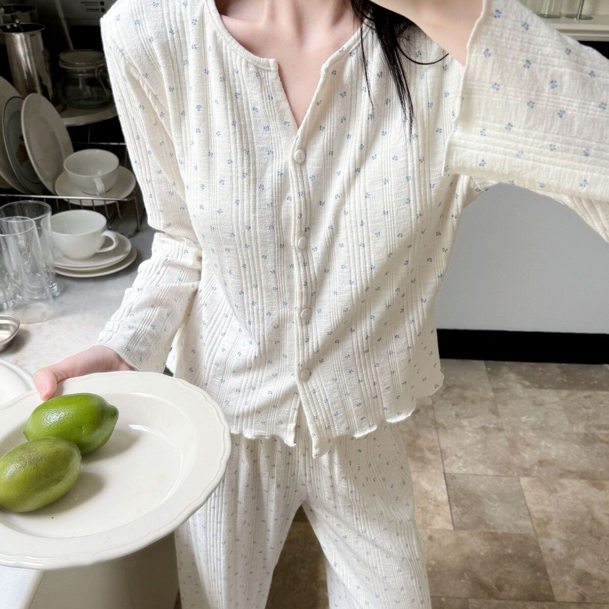 碎花纯棉睡衣女款春秋季2025新款针织棉带胸垫长袖长裤套装家居服