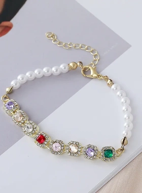 精致多巴胺方形镶钻手链法式高颜值时尚轻奢设计复古珍珠彩色手饰