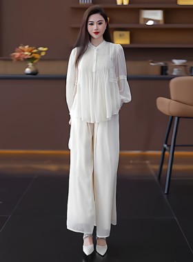 26春白色灯笼袖阔腿裤裙两件套女