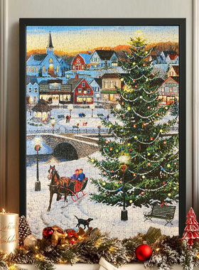 Cobble Hill拼图成人版1000一千片乡村庄的圣诞节树冬灯解压礼物