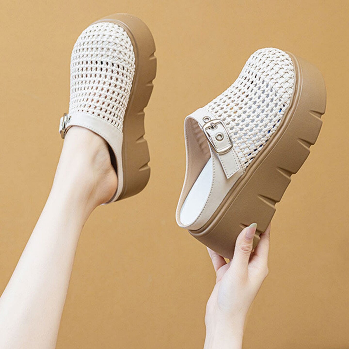 7CM厚底勃肯鞋半拖女款2026新款夏季外传增高镂空编织包头凉拖鞋