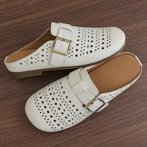 头层牛皮镂空包头半拖鞋女款凉拖