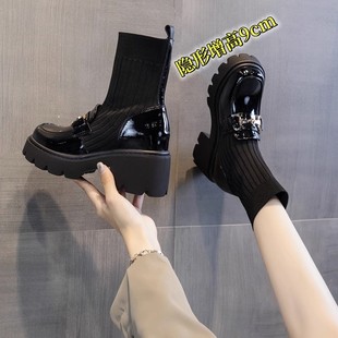 袜靴短靴 粗跟小皮鞋 内增高弹力马丁靴女新款 9cm漆皮玛丽珍乐福鞋